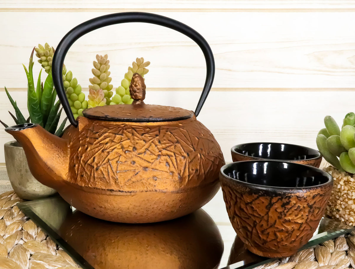 Ebros Japanese Pine Copper Finish Matchstick Pattern Heavy Cast Iron Tea Pot and Cups Set Serves 2