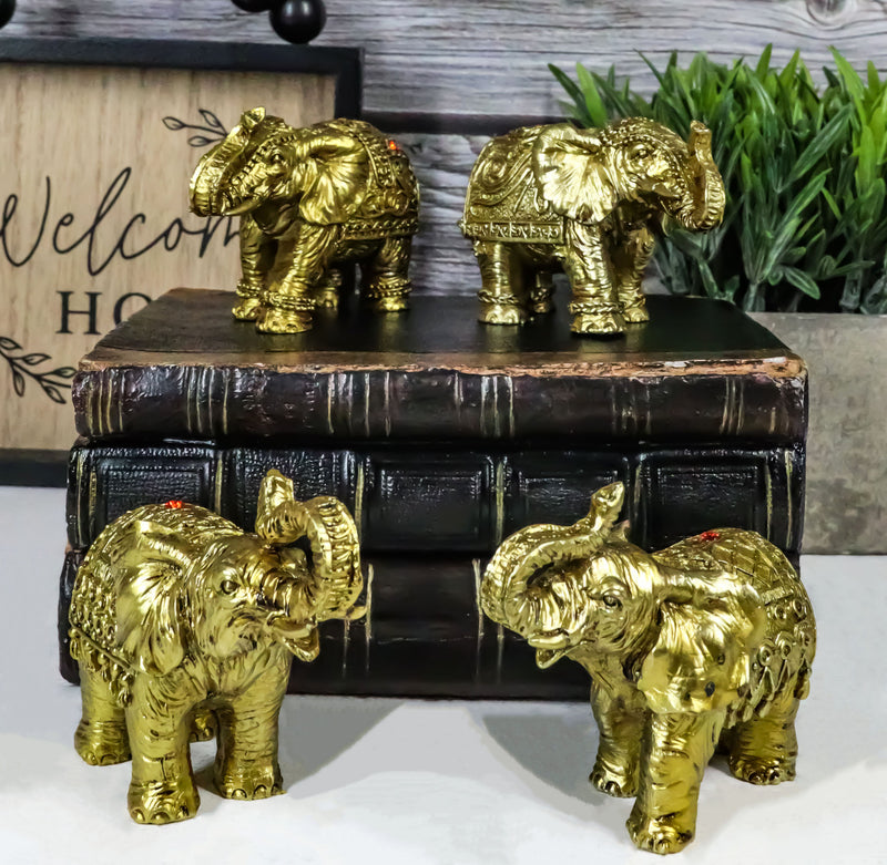 Thai Golden Elephant Feng Shui Figurine Set Of 4 Trunk Raised Elephants 3.5"Long