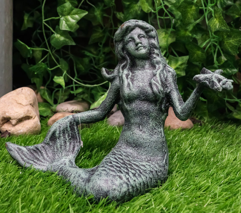 Ebros Gift 6.5" Tall Nautical Siren Mermaid Holding Starfish Cast Iron Rustic Verdigris Vintage Patina Finish Statue Ocean Goddess Princess Coastal Beach Under The Sea Mermaids Decorative Accent