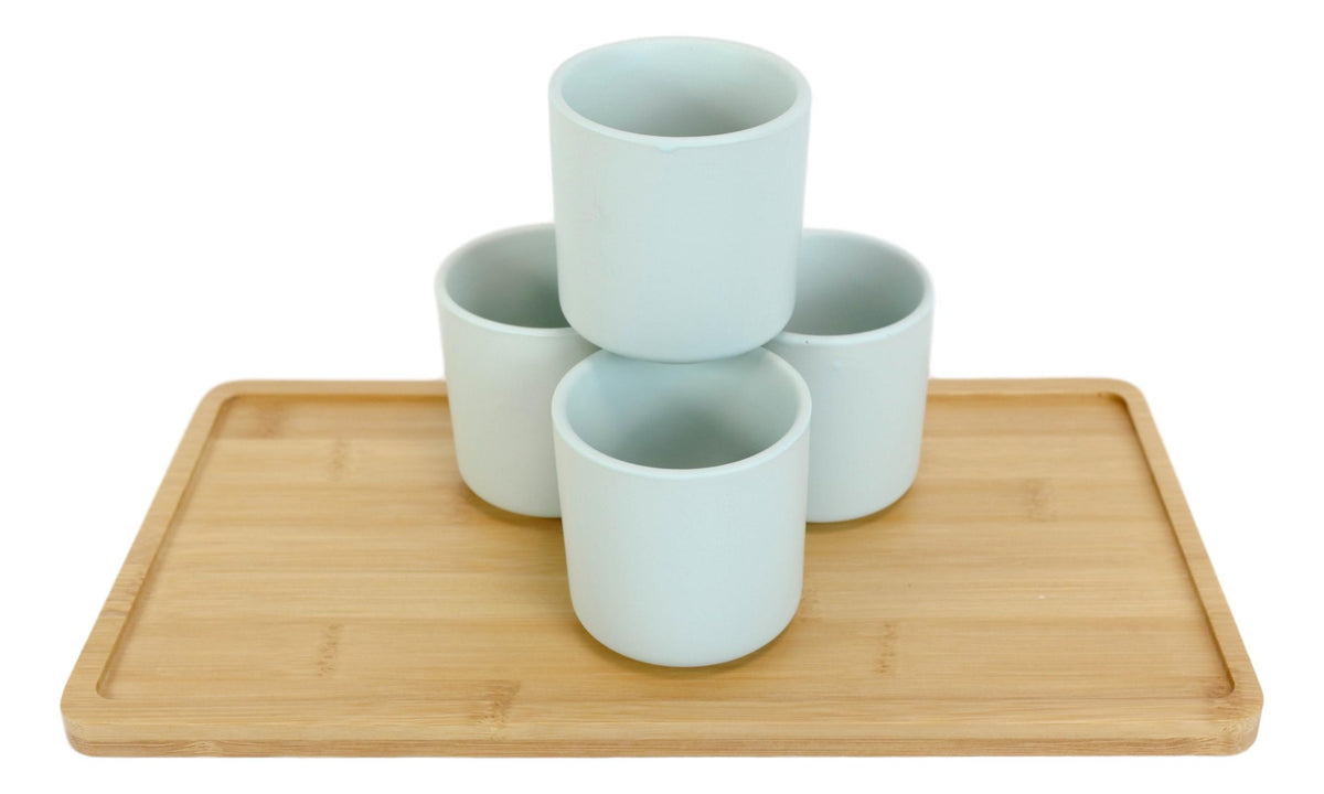 Matte Green Modern Ceramic 28oz Tea Pot With 4 Cups And Bamboo Serving Tray Set