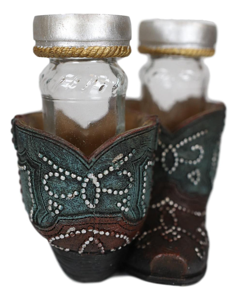 Ebros Fancy Beads Turquoise Pair Of Cowgirl Boots Salt and Pepper Shakers Holder Set