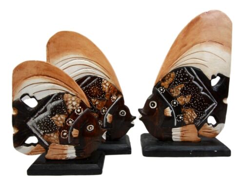 Balinese Wood Handicrafts Tropical Solar Angel Fish Family Set of 3 Figurines