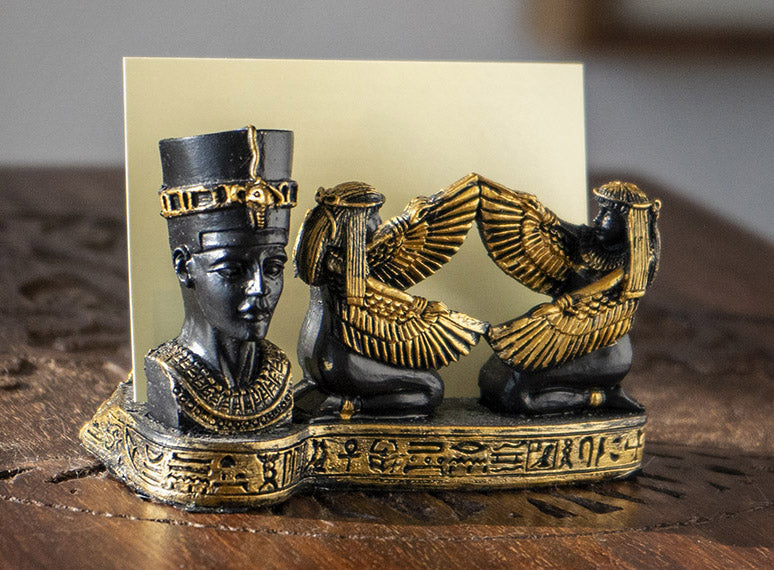 Egyptian Goddess Queen Nefertiti Winged Isis Maat Pyramid Card Holder Figurine