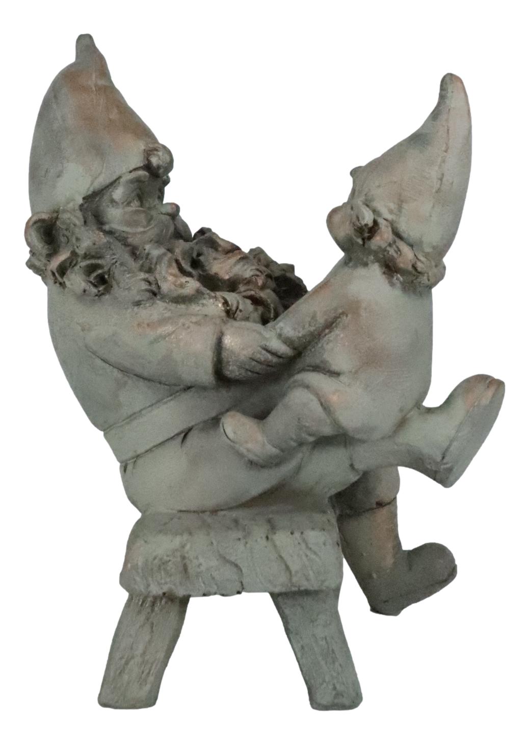 Family Bonding Papa Gnome With Baby Gnome Sitting On Wooden Stool Garden Statue - Ebros Gift