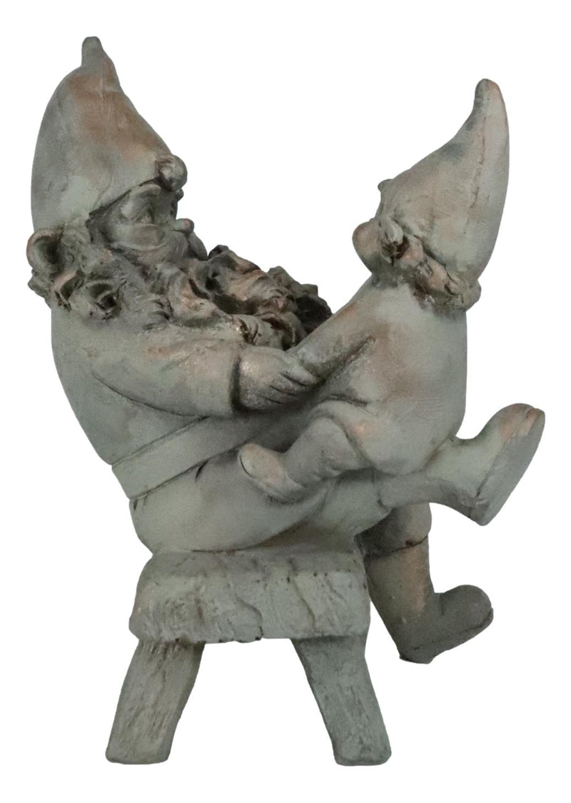 Family Bonding Papa Gnome With Baby Gnome Sitting On Wooden Stool Garden Statue