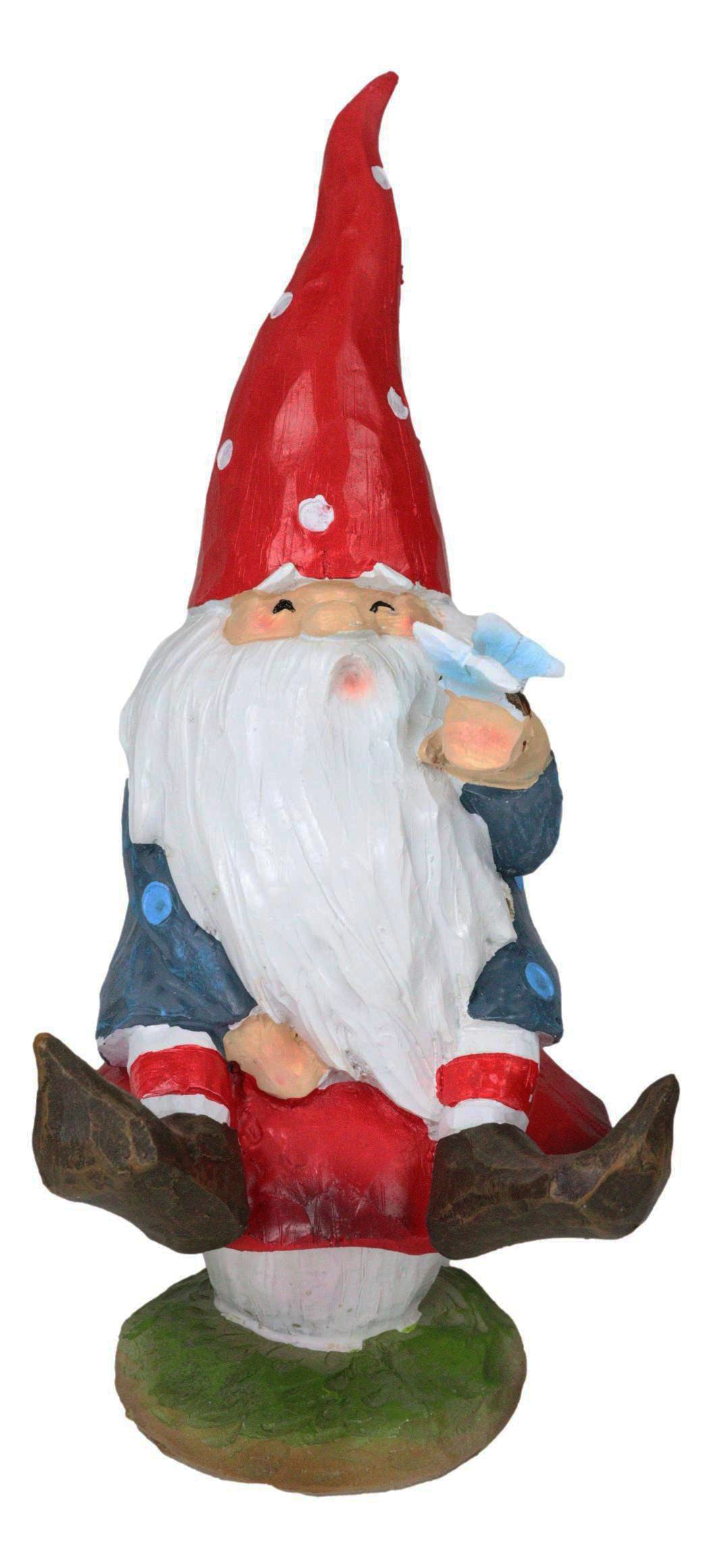 Camper Gnome Sitting On Toadstool Mushroom with A Bluebird Fairy Garden Figurine