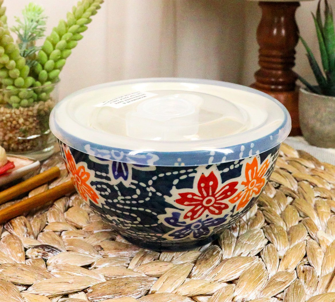 Ebros Set of 2 Ceramic Blue Cherry Blossoms Portion Meal Bowls 2 Cups W/ Airtight Lid