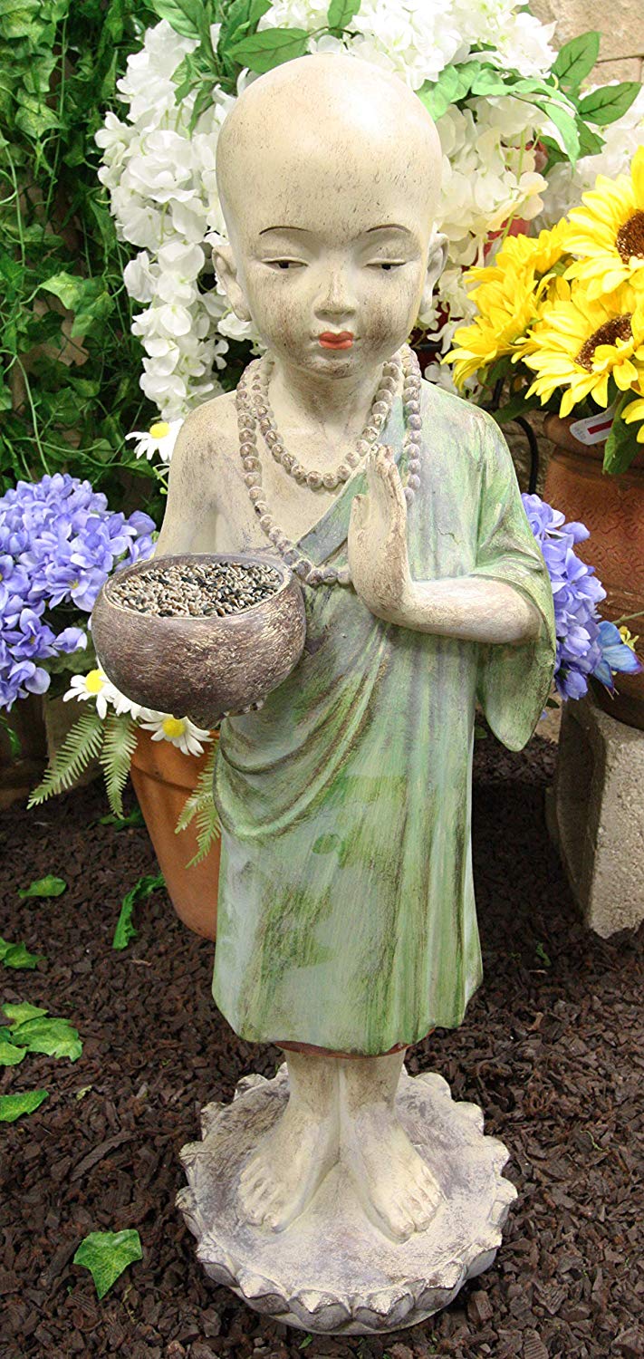 Ebros 24" Tall Jizo Buddha Monk Hand Greeting Pose Holding Bowl Bird Feeder Bath - Ebros Gift