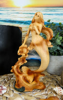 Ebros Nautical Ocean Marine Mermaid Princess With Fish Statue 7.25"H Faux Wood