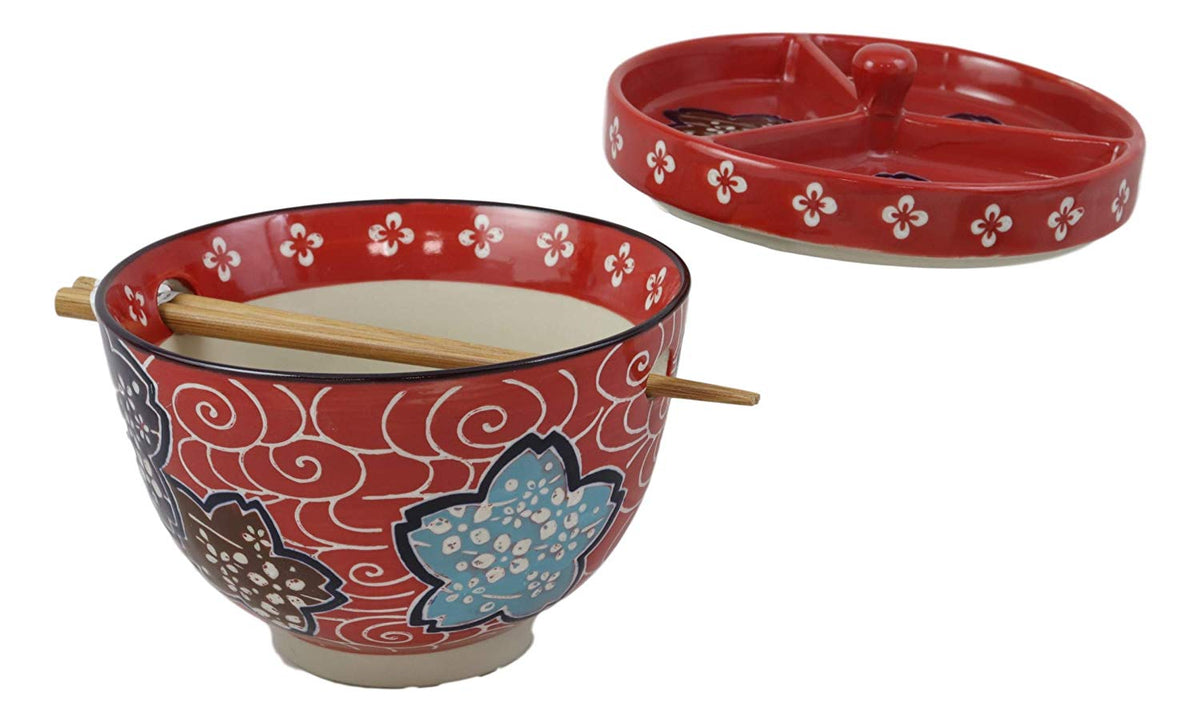 Ebros Japanese Dining Tempura Udon Noodles And Tentsuyu Dipping Sauce Large 6"D Bowl With Condiment Divider Lid And Built In Chopsticks Rest With Bamboo Chopsticks Set (Red Floral Breeze)