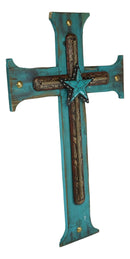 Large 21"H Rustic Wester Star Braided Ropes Turquoise Wood Layered Wall Cross