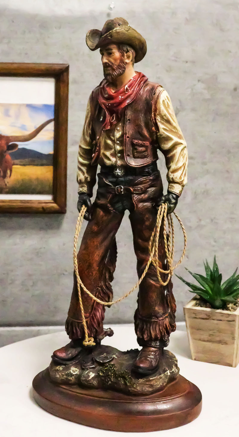Western Full Outfit Cowboy Holding Cattle Lasso Ropes Statue 15.5"H