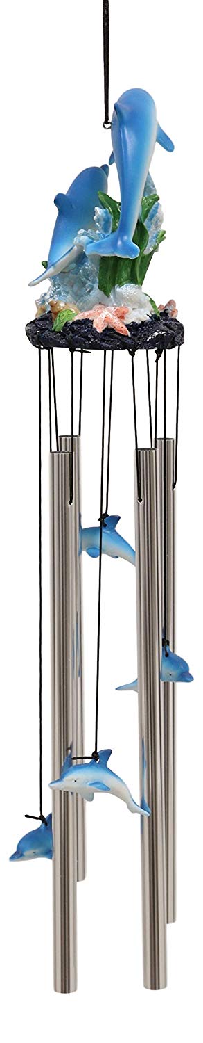 Ebros Nautical Marine Dolphin Family Swimming by Coral Reef Wind Chime 21" Long Resin Crown with Aluminum Rods Home Patio Garden Decor of Dolphins Under The Sea Life Decorative Noisemakers