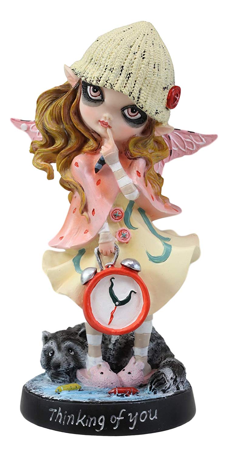 Ebros Dolly Fae Thinking Of You Pink Fairy Holding Alarm Clock With Raccoon Figurine