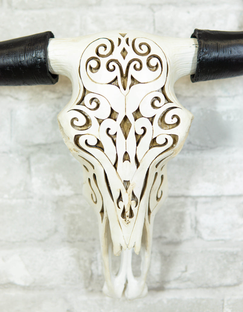 Large 27 Inch Long Legacy Longhorn Cow Black and White Tattoo Design Figurine