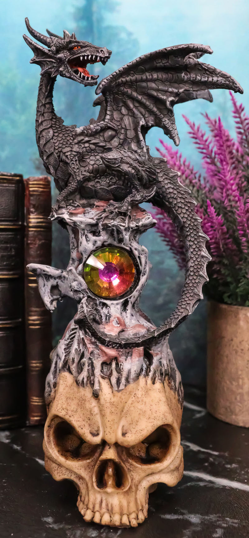 Azureon Black Dragon Perching On Quartz Tower Alien Skull Statue Home Decor