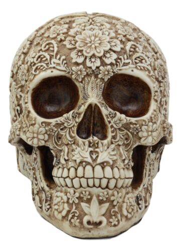 Ebros Natural Antique Skull Bone Floral Skull Statue 8"L Day Of The Dead Decor