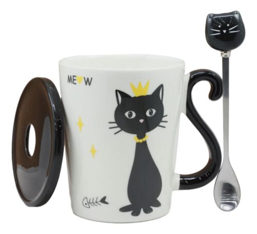 Witchy Black Cat With Golden Crown Ceramic Coffee Tea Mug Cup With Spoon And Lid