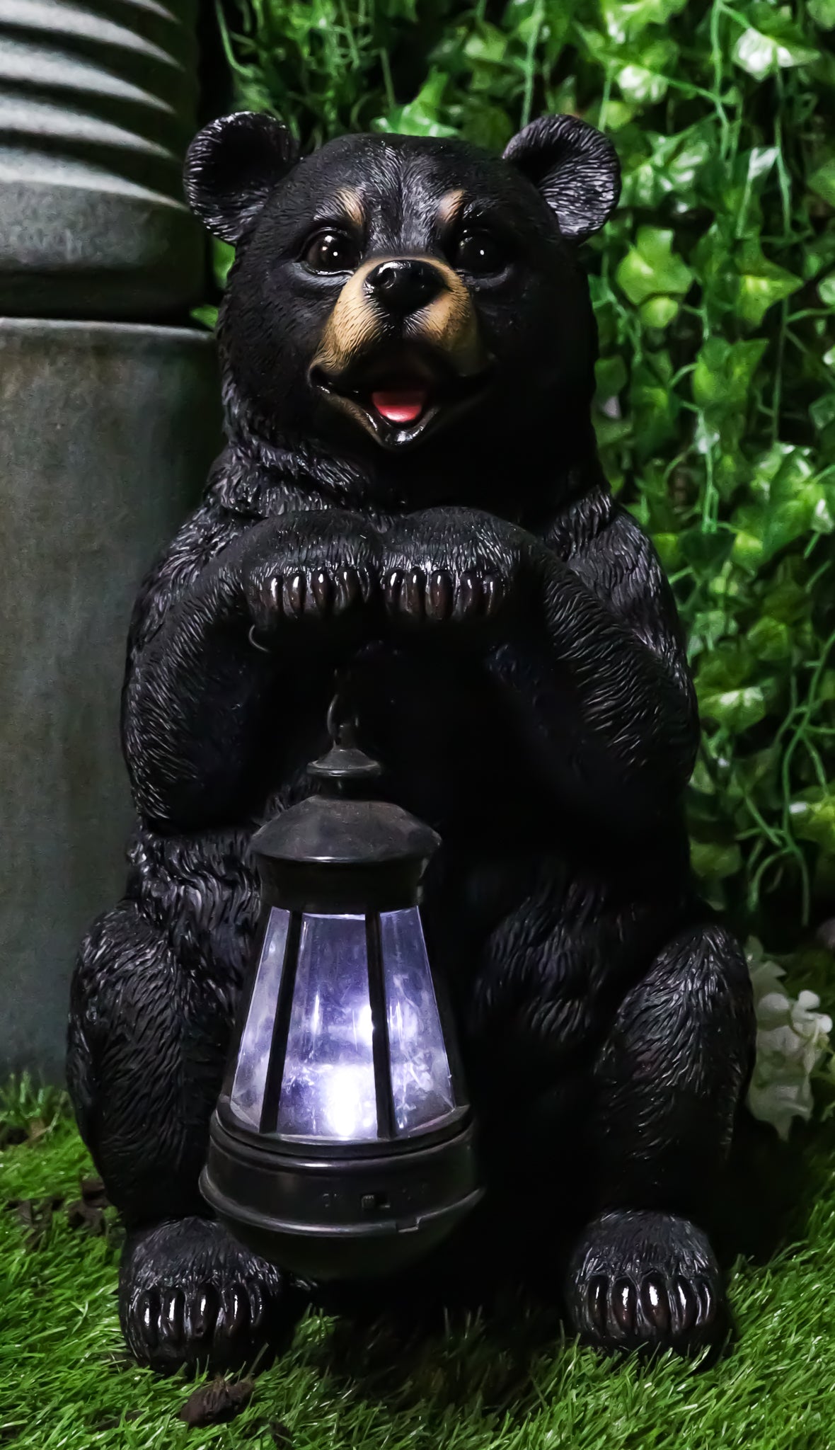 Rustic Garden Cute Black Bear Holding Solar Lantern Path Light Greeter Statue - Ebros Gift