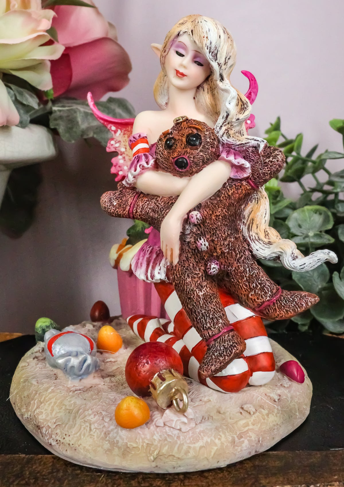 Ebros Amy Brown Christmas 'TWAS The Night' Fairy Hugs Gingerbread Man Figurine - Ebros Gift