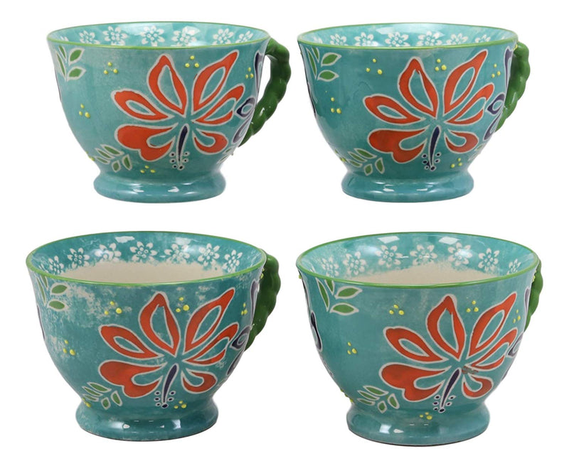 Ebros Colorful Vintage Victorian Style Floral Spring Blossoms Ceramic 14oz Mugs With Comfort Ridged Handle Set of 4 Coffee Tea Drink Cups (Dark Blue) - Ebros Gift