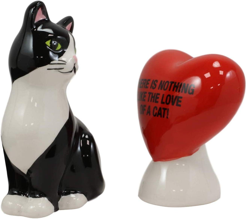 Ebros Ceramic Cat With A Red Heart Love Salt And Pepper Shakers Magnetic 3.5"H