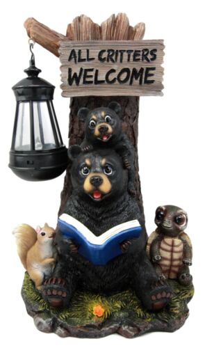 Ebros Gift Whimsical Forest Bedtime Story Mother Bear With Baby Cub Turtle And Squirrel Solar LED Light Lantern Welcome Sign Statue Fairy Tales Nursery Rhymes Guest Greeter Figurine Decor - Ebros Gift