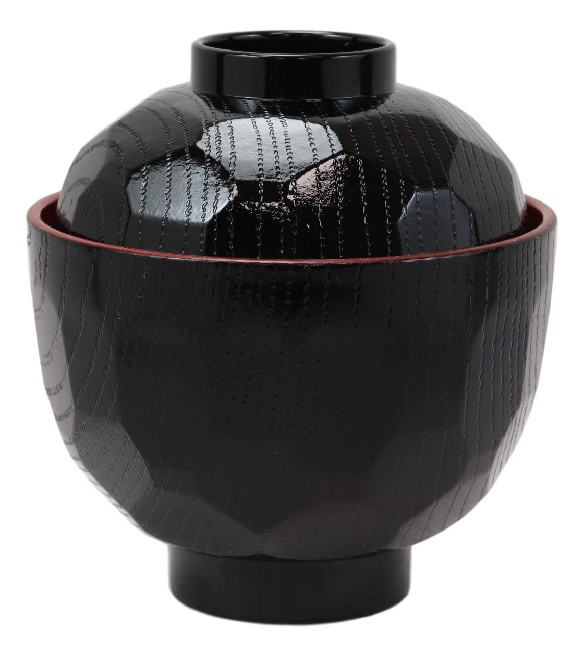 Made In Japan Honeycomb Ridged Black Red Lacquer Plastic Bowl With Lid Set of 6