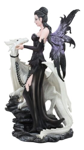 Gothic Khaleesi Fairy With Arctic White Dragon Statue 9.5"H Dungeons Dragons Art