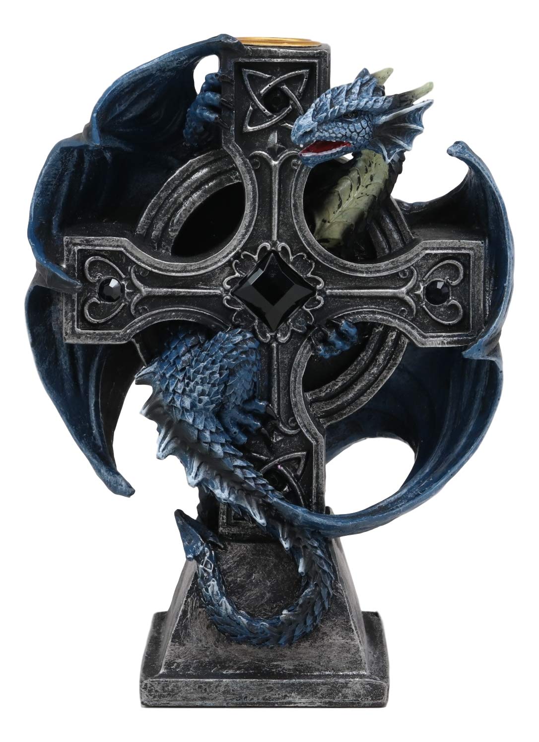 Ebros Gothic Blue Thracian Dragon Altar Drake Cross Candle Holder Figurine 7" Tall Candleholder Statue Medieval Renaissance Fantasy Decor Dungeons and Dragons Accent Centerpiece - Ebros Gift