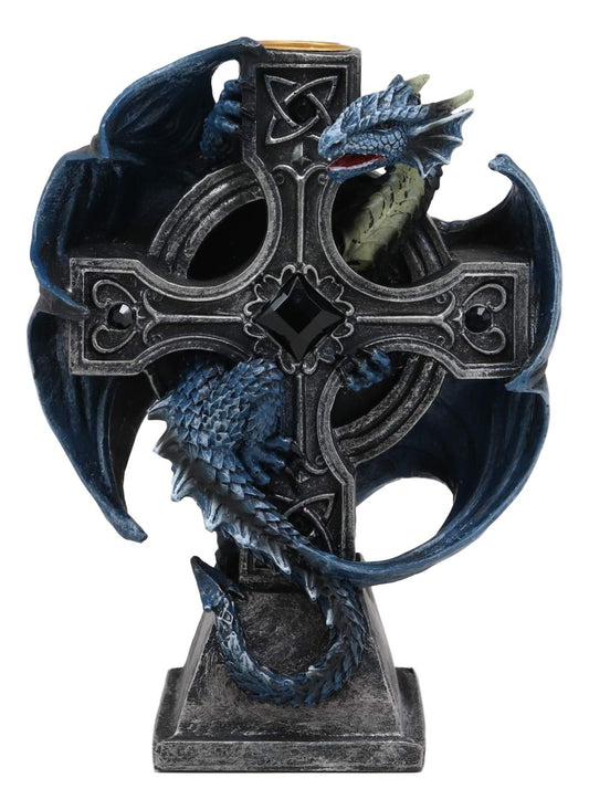 Ebros Gothic Blue Thracian Dragon Altar Drake Cross Candle Holder Figurine 7" Tall Candleholder Statue Medieval Renaissance Fantasy Decor Dungeons and Dragons Accent Centerpiece - Ebros Gift