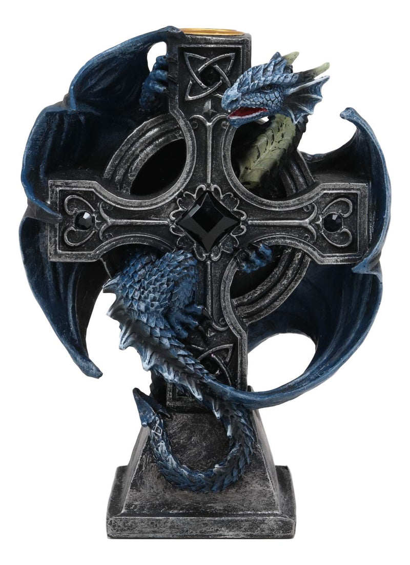 Ebros Gothic Blue Thracian Dragon Altar Drake Cross Candle Holder Figurine 7" Tall Candleholder Statue Medieval Renaissance Fantasy Decor Dungeons and Dragons Accent Centerpiece