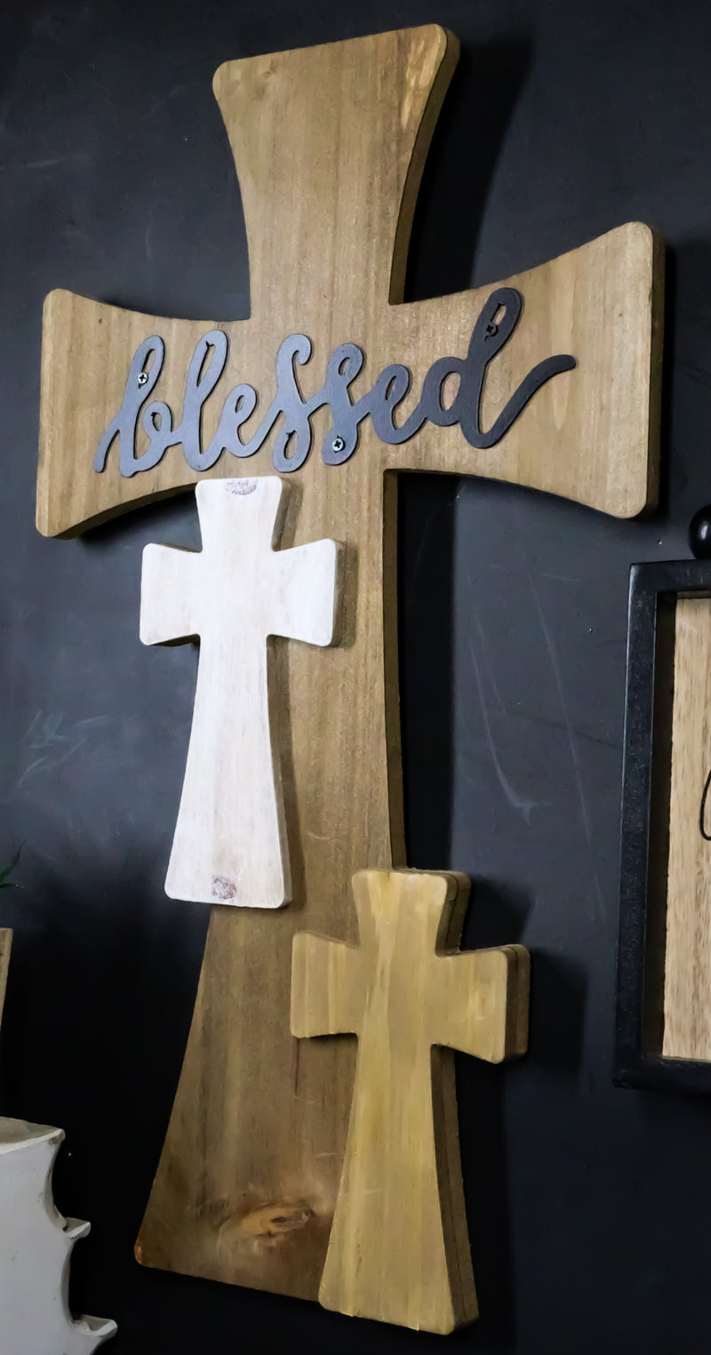 Rustic Western Wooden Blessed 3 Layered Multi Colored Wall Cross Decor Plaque