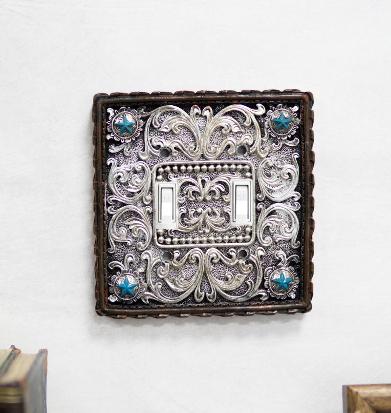 Set of 2 Western Turquoise Stars Lace Scroll Wall Double Toggle Switch Plates