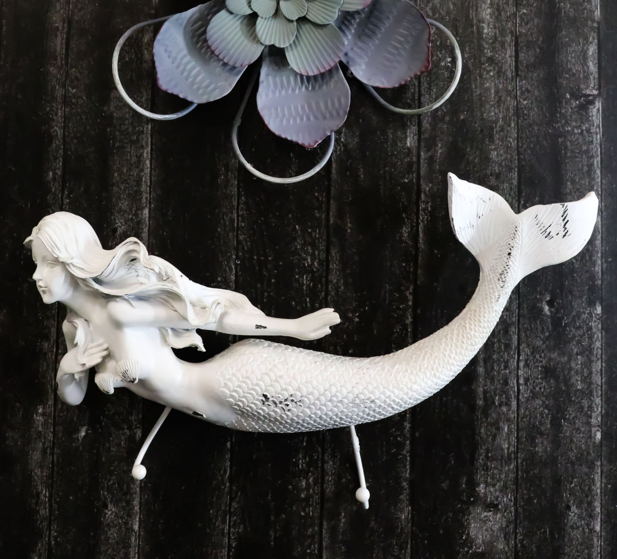 Rustic White Stone Finish Nautical Ocean Siren Mermaid 2 Prong Wall Hook Decor
