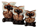 Balinese Wood Handicrafts Forest Owl Family Set of 3 Decorative Figurines 6"H