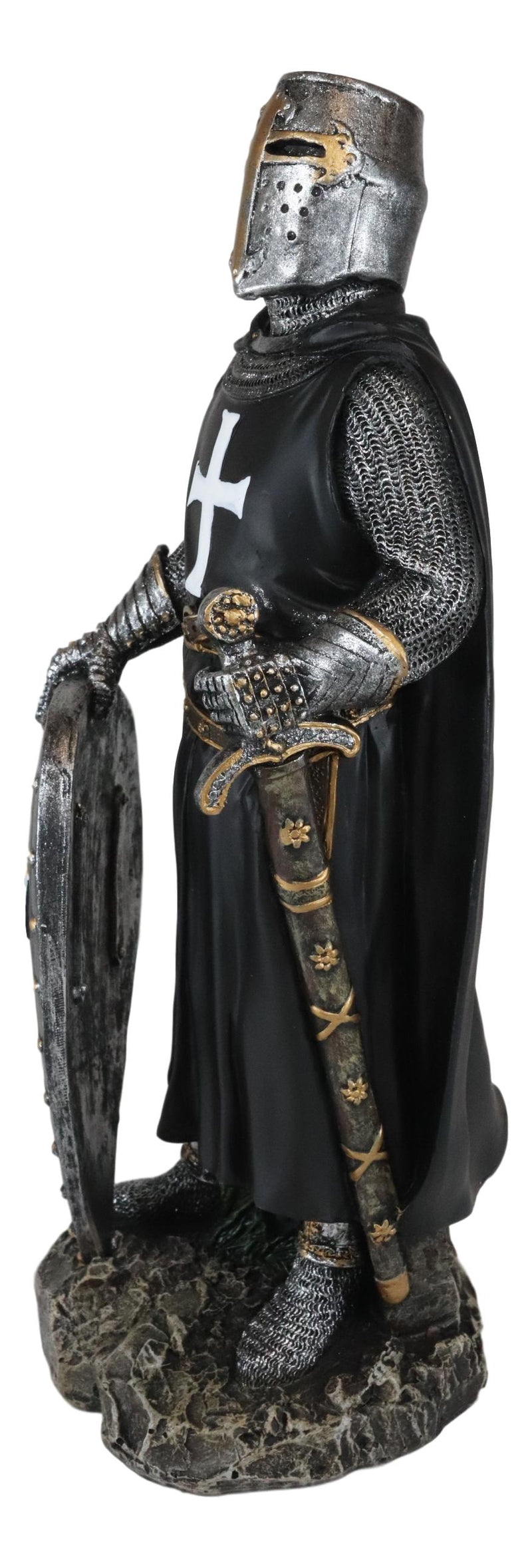 Ebros Black Cloaked Crusader Knight Of The Cross with Sword Shield Statue 11.5"H