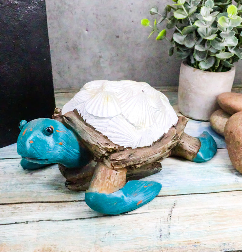 Nautical Sea Turtle With White Clam Shells In Faux Distressed Wood Finish Statue