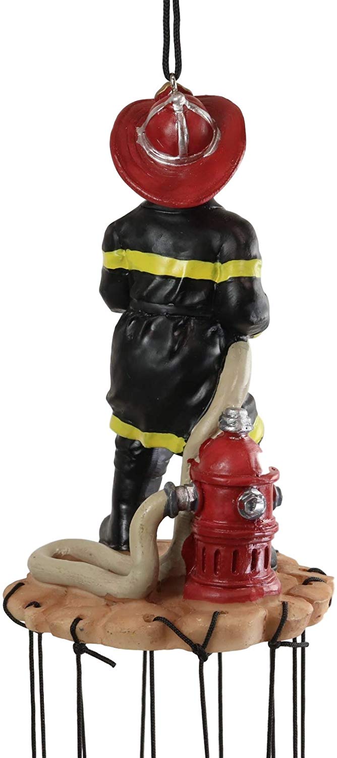 In Line of Duty Fireman With Fire Hose By Red Hydrant Wind Chime Garden Decor - Ebros Gift