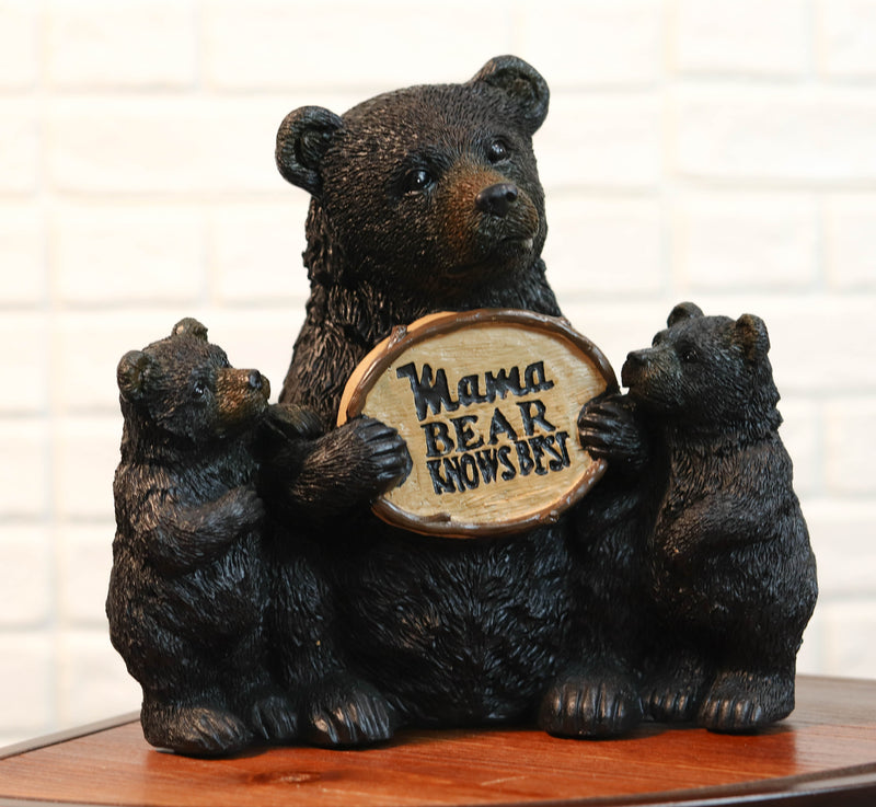 Whimsical Black Bears Mother With Cubs Holding Mama Bear Knows Best Sign Statue