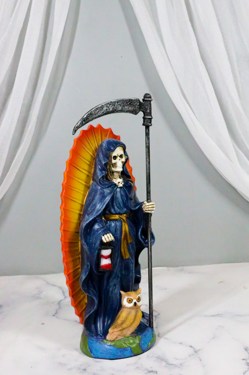 Standing Blue Santa Muerte Skeleton With Scythe Hourglass And Wise Owl Figurine