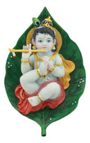 Hindu God Baby Krishna Vishnu Sucking His Right Toe On Peepal Leaf Statue 4"W