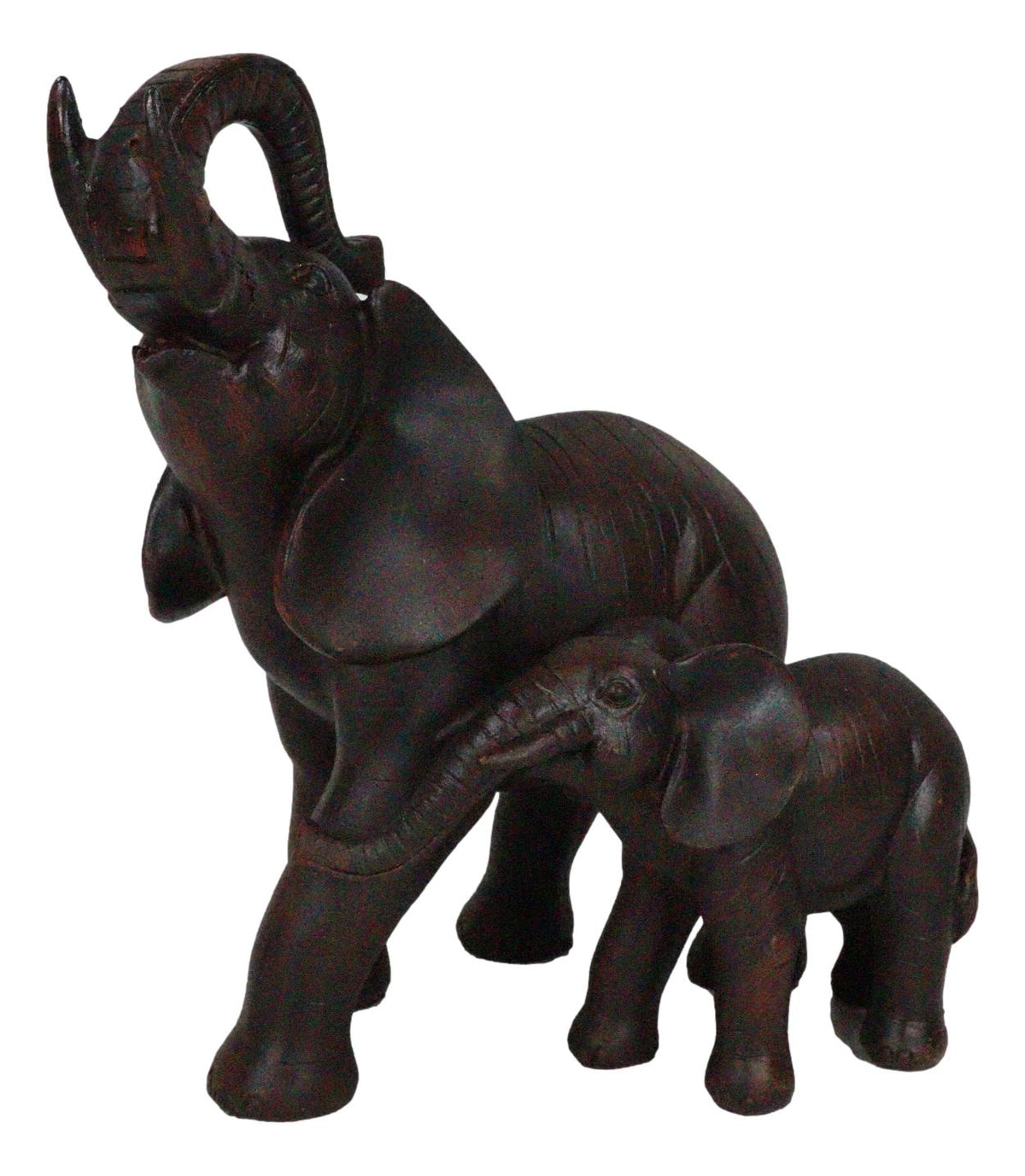 Safari Trunk Up Elephant Father and Calf Family Figurine In Faux Wood Finish