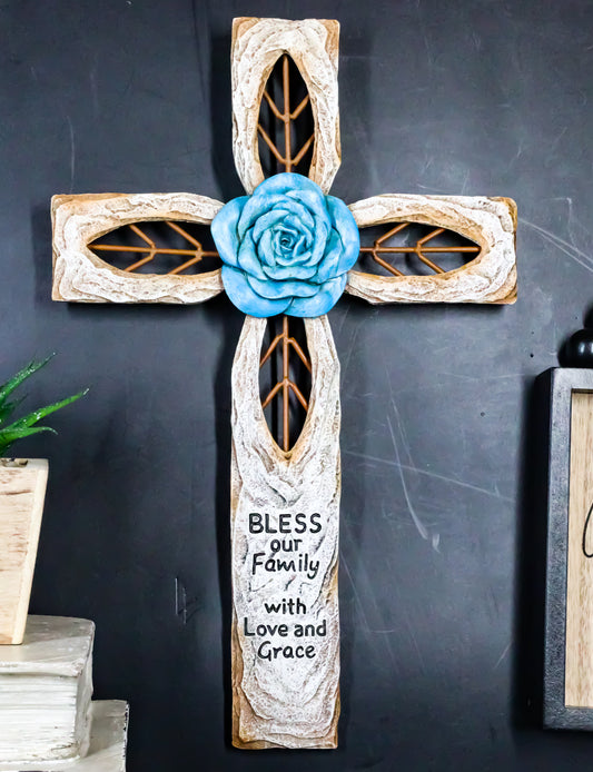 Rustic Aqua Blue Rose Flower Bless Our Family With Love And Grace Wall Cross