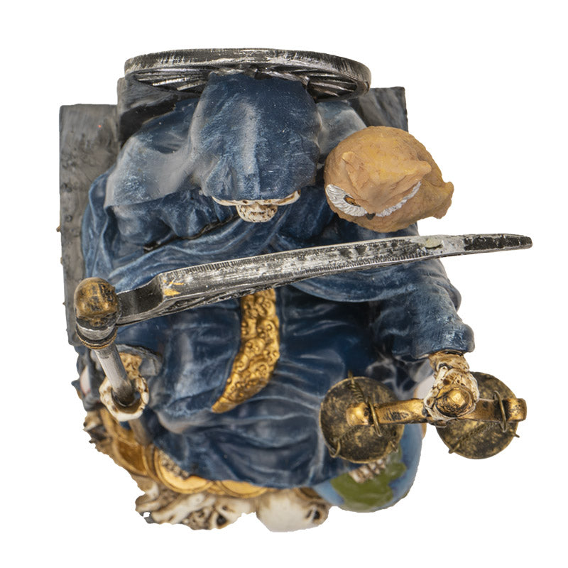 Seated Blue Santa Muerte With Scythe Scales of Justice And Wise Owl Figurine 9"H