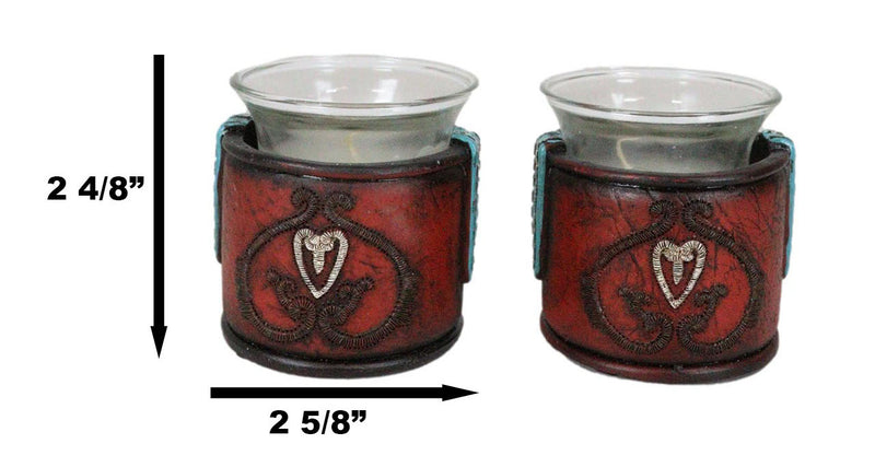 Set Of 2 Western Cowgirl Love Heart Scrollwork Faux Leather Votive Candle Holder