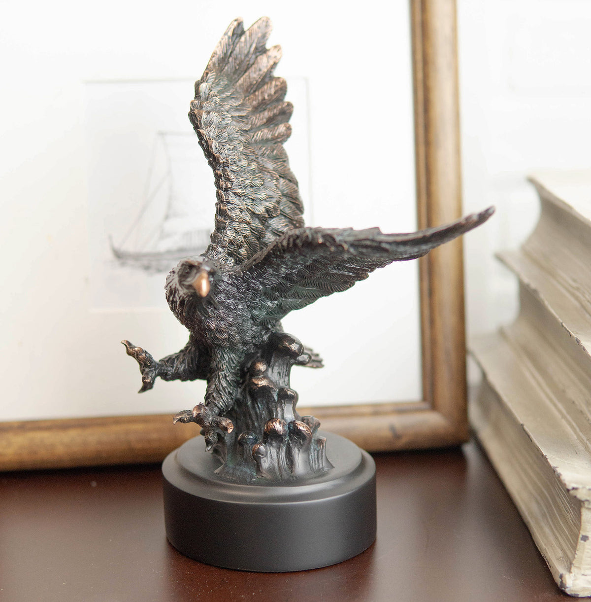 Wings of Glory Bald Eagle Swooping Over Stormy Ocean Waves Electroplated Statue - Ebros Gift