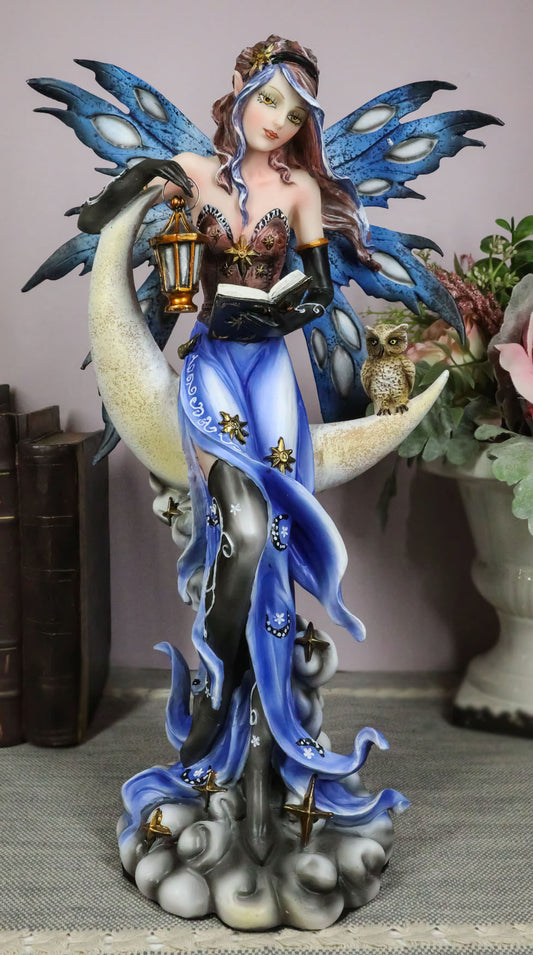 Fairy With Book Lantern And Owl On Crescent Moon Clouds and Stars Statue 14" H - Ebros Gift