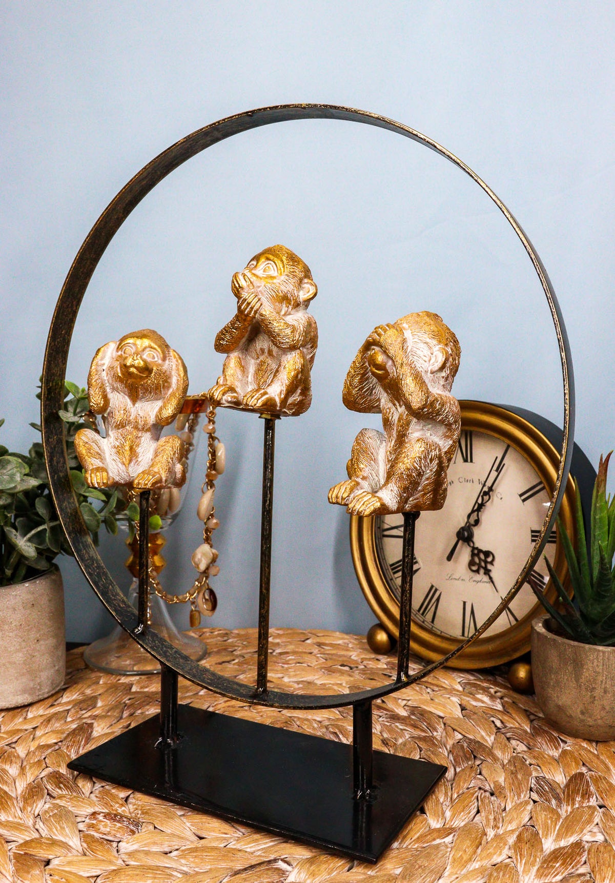 Golden See Hear Speak No Evil Monkeys In Peace Circle Ring Stand Decor Statue