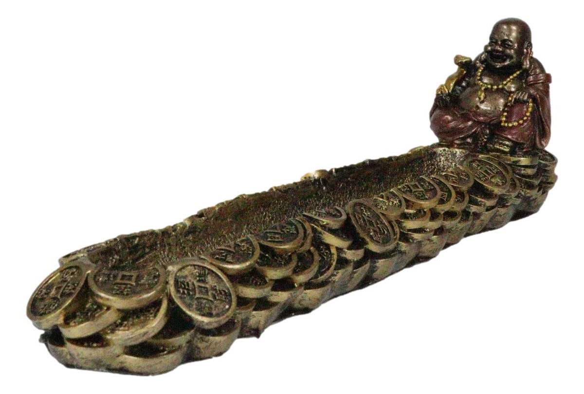 Hotei Lucky Fortune Buddha Maitreya Holding Prayer Beads Incense Holder Figurine